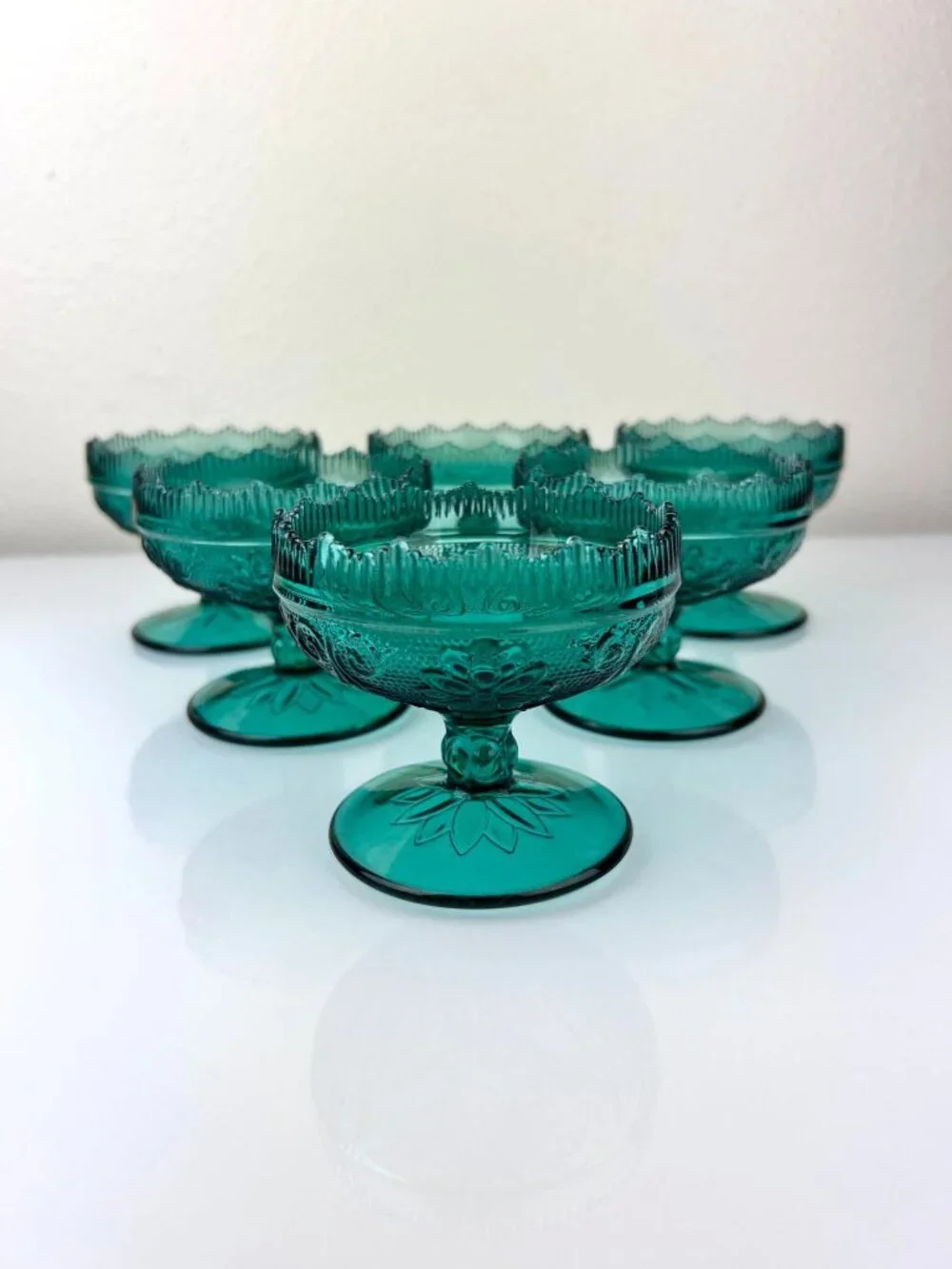 Tiara Indiana Green Glass Spruce Sherbet Compote Pedestal Bowls Cups Set of 6